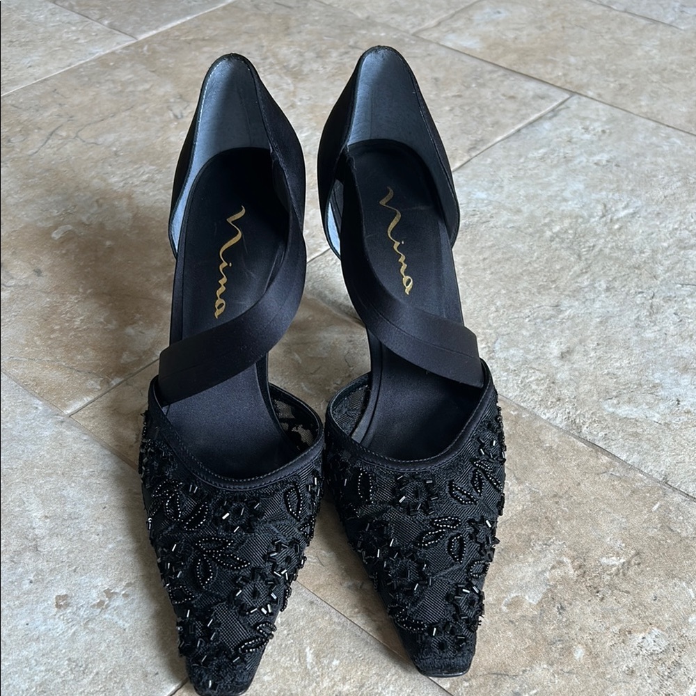 Nina Black Heels with Elegant Embellishments